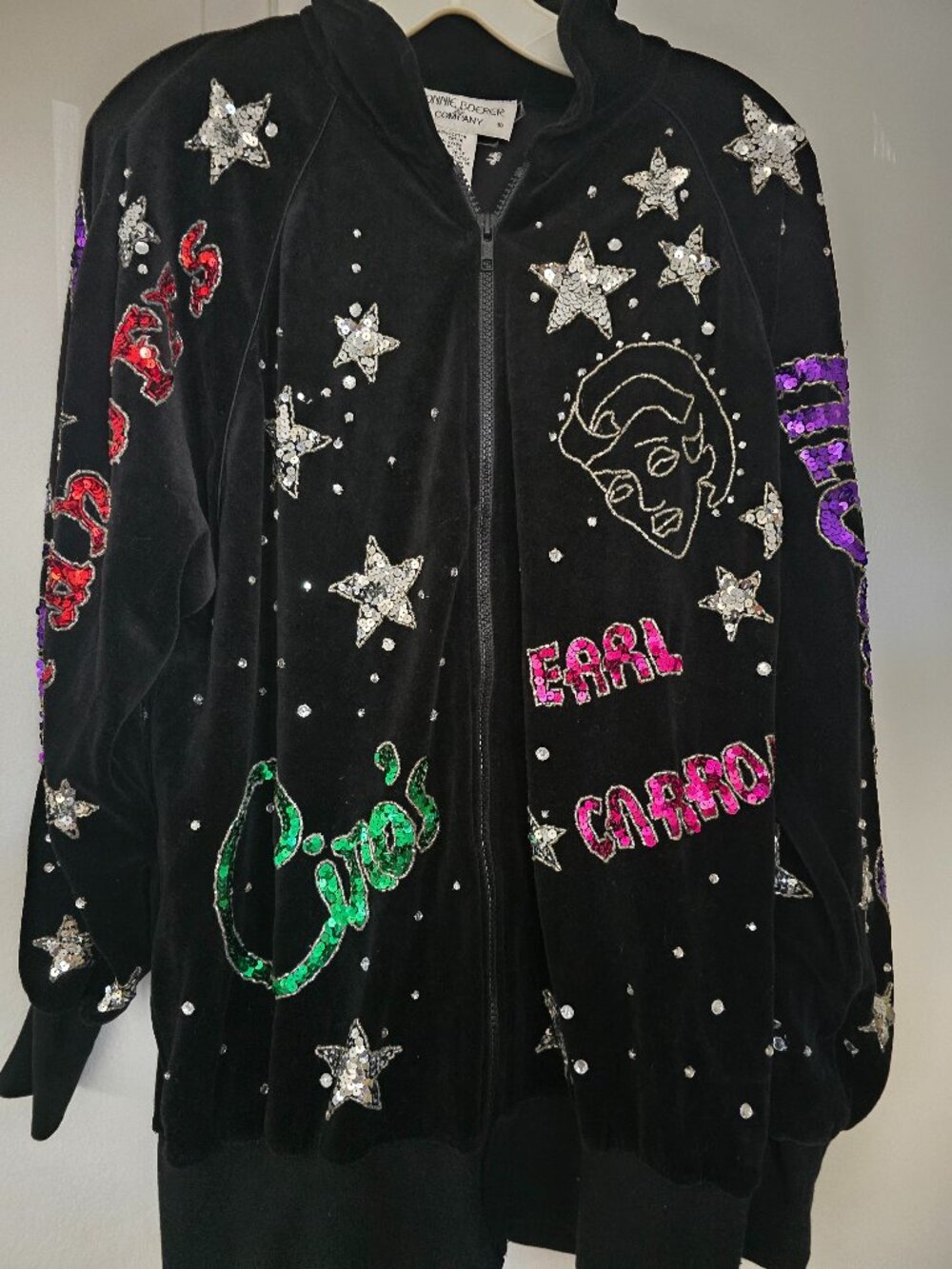 Vintage 80s Bonnie Boerer Black Velvet Sequin Hollywood Nightclub Bomber Jacket
